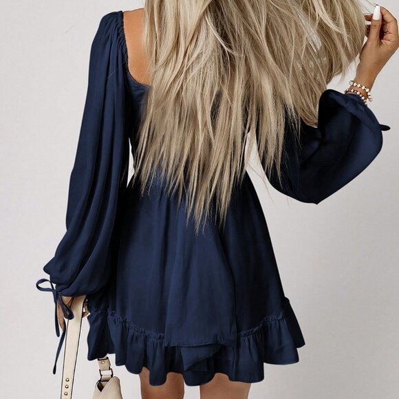 Navy Blue Casual Womens Sweetheart Neck Lantern Sleeve Ruched Bust Ruffle He… - Picture 3 of 5